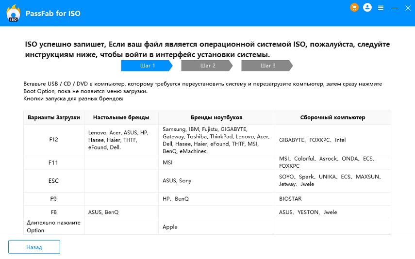 успешно записать диск в passfab для iso